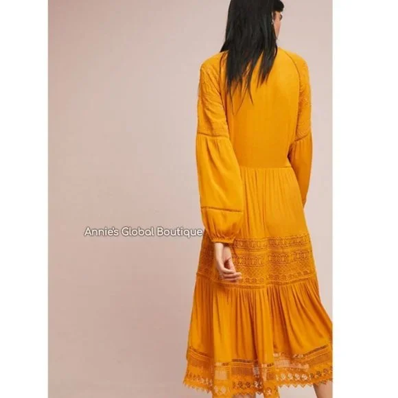 RARE NWT ANTHROPOLOGIE Golden Peasant Embroidered Maxi Dress. Size 4 - Picture 4 of 16